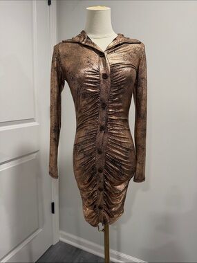 Rockstar Ruched Metallic Copper Long-Sleeve Bodycon button down Dress. Size S